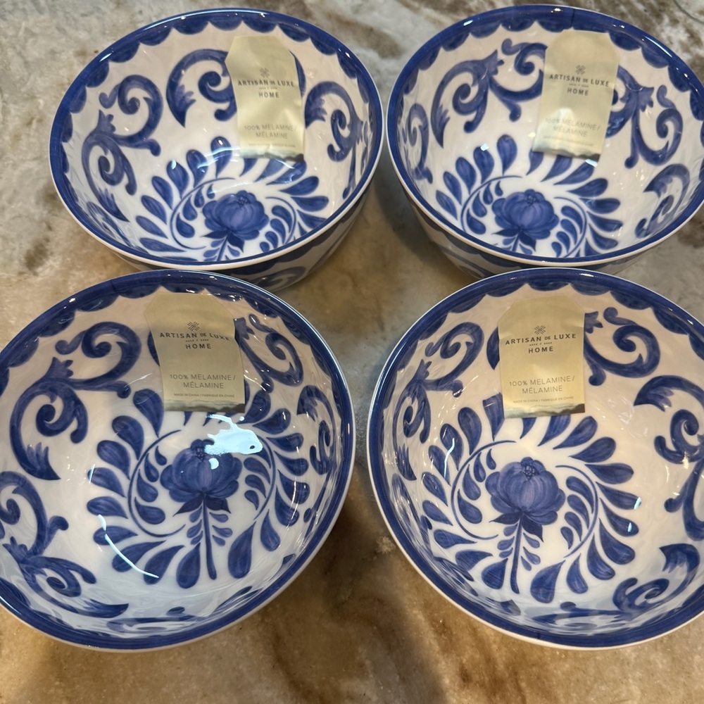 Artisan De Luxe Blue White Rose Scroll  Melamine Cereal Salad Bowls Set of 4 New